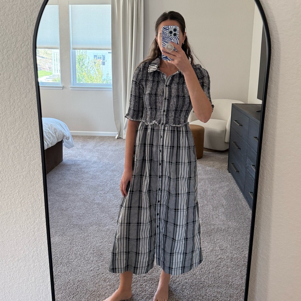 Maeve Black and White Checkered Long Sleeve Dress